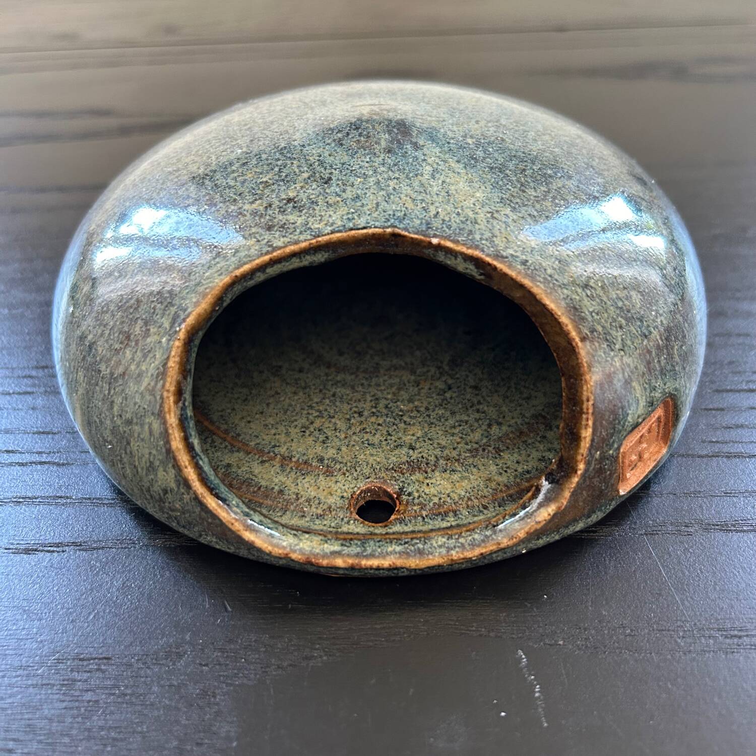 Wall vase in blue stoneware, signed
