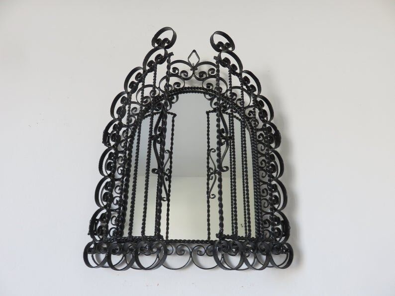 Opening mirror, shuttered, in black wrought iron, Vallauris 50s 60s