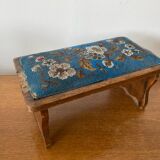 Ancien Tabouret Repose Pied Pliant Victorien  Assise Perles Fleurs Vintage