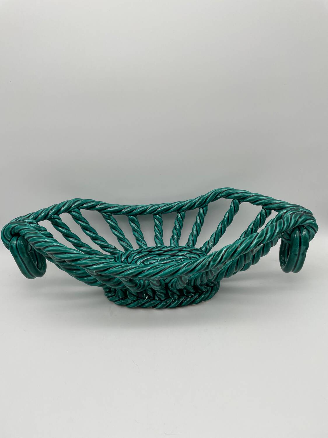 Vintage fruit basket in green enamelled woven earthenware