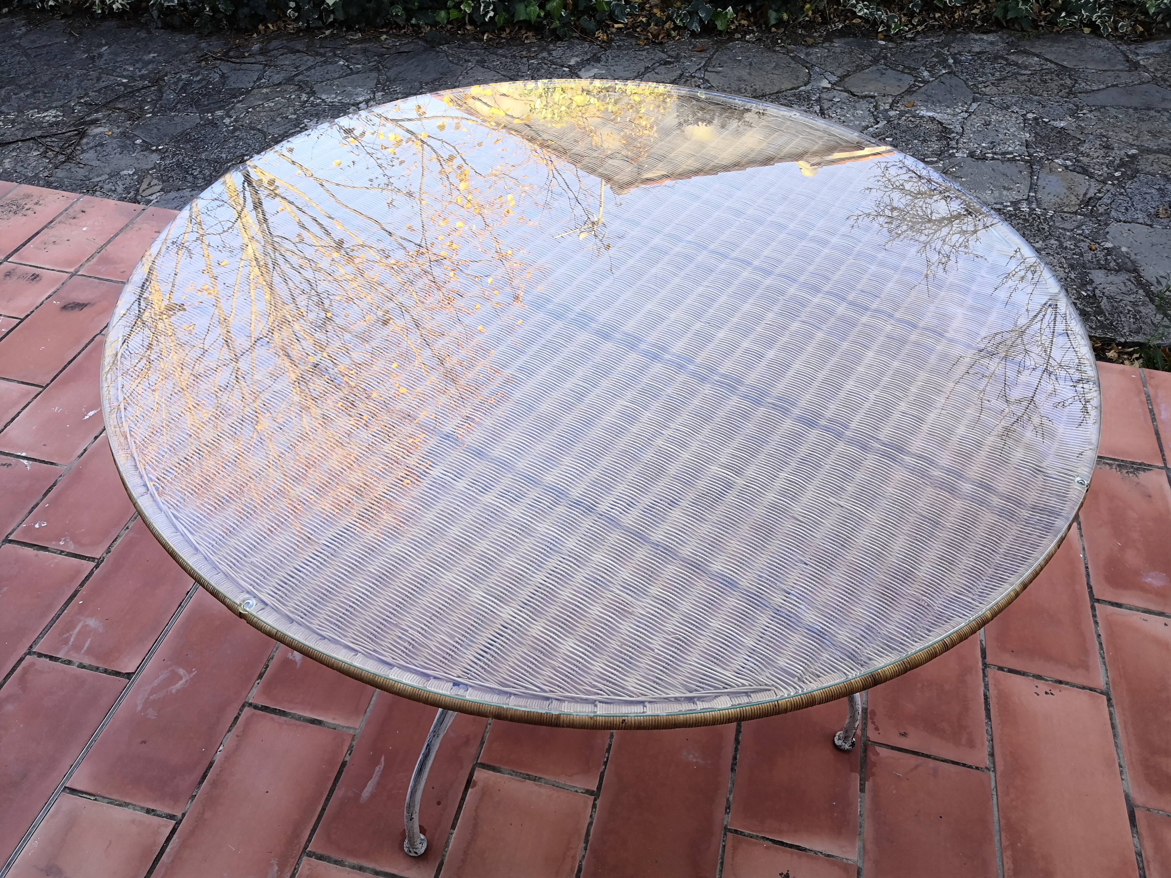 Dining table rattan and glass top & vintage metal legs