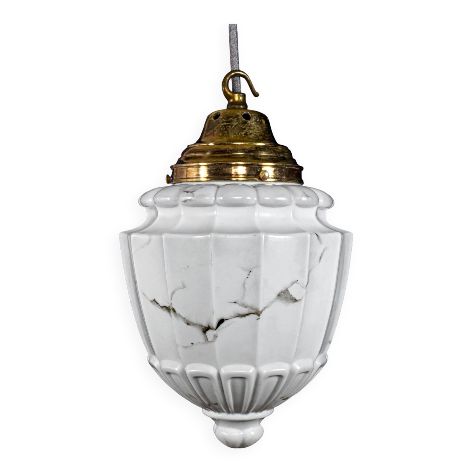 1930s Neoclassical British Opaline Glass & Brass Ceiling Pendant Lamp