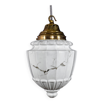1930s Neoclassical British Opaline Glass & Brass Ceiling Pendant Lamp