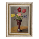 Peinture ancienne tableau huile sur panneau bouquet de tulipes 1954