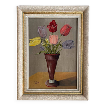 Old painting oil on panel bouquet of tulips 1954