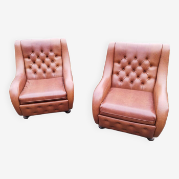 Pair of brown leatherette Chesterfield armchairs