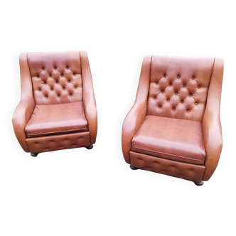 Pair of brown leatherette Chesterfield armchairs