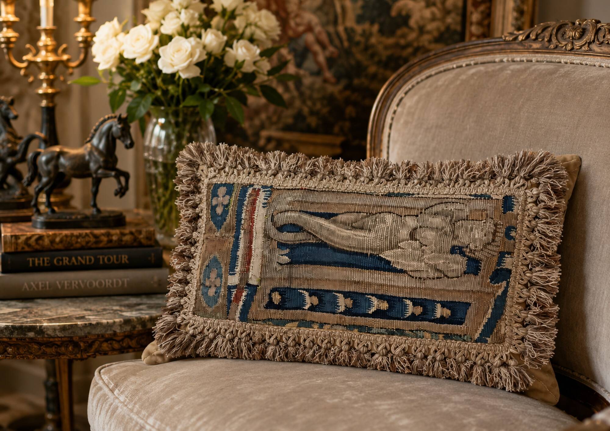 Rare 17th Century French Aubusson Tapestry Cushion with Figural Design & Tassels