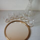 Old glass carafe liquor service with gilding vintage ice mirror tray