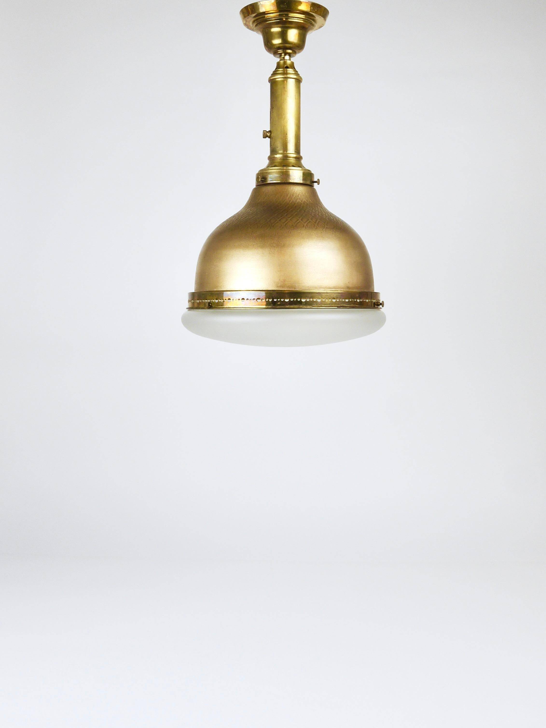 Art Nouveau pendant lamp in brass and glass from the 1920s, ceiling light, Jena, Germany.