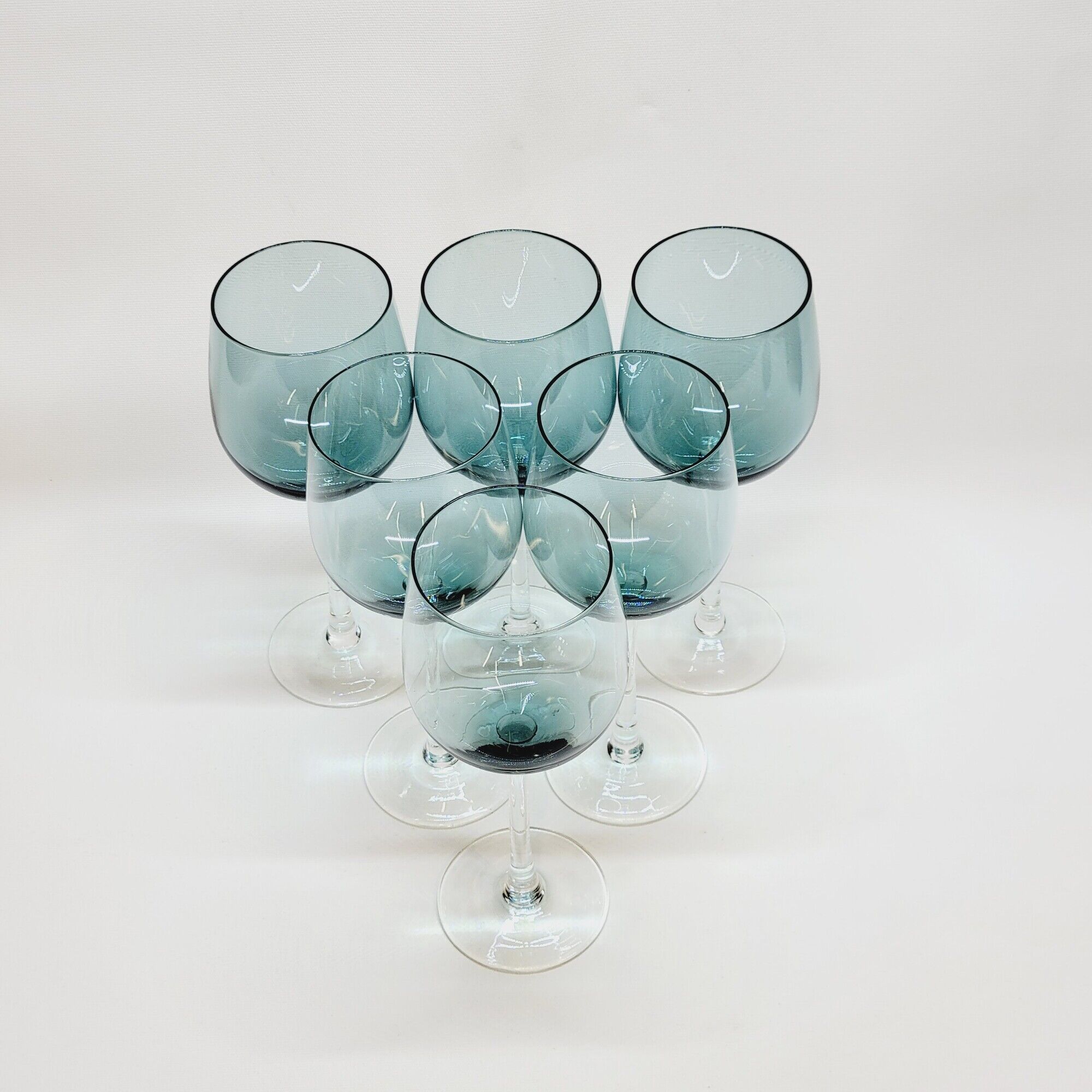6 Large Wine or Water Balloon Glasses in Petrol Blue Color Blown Glass