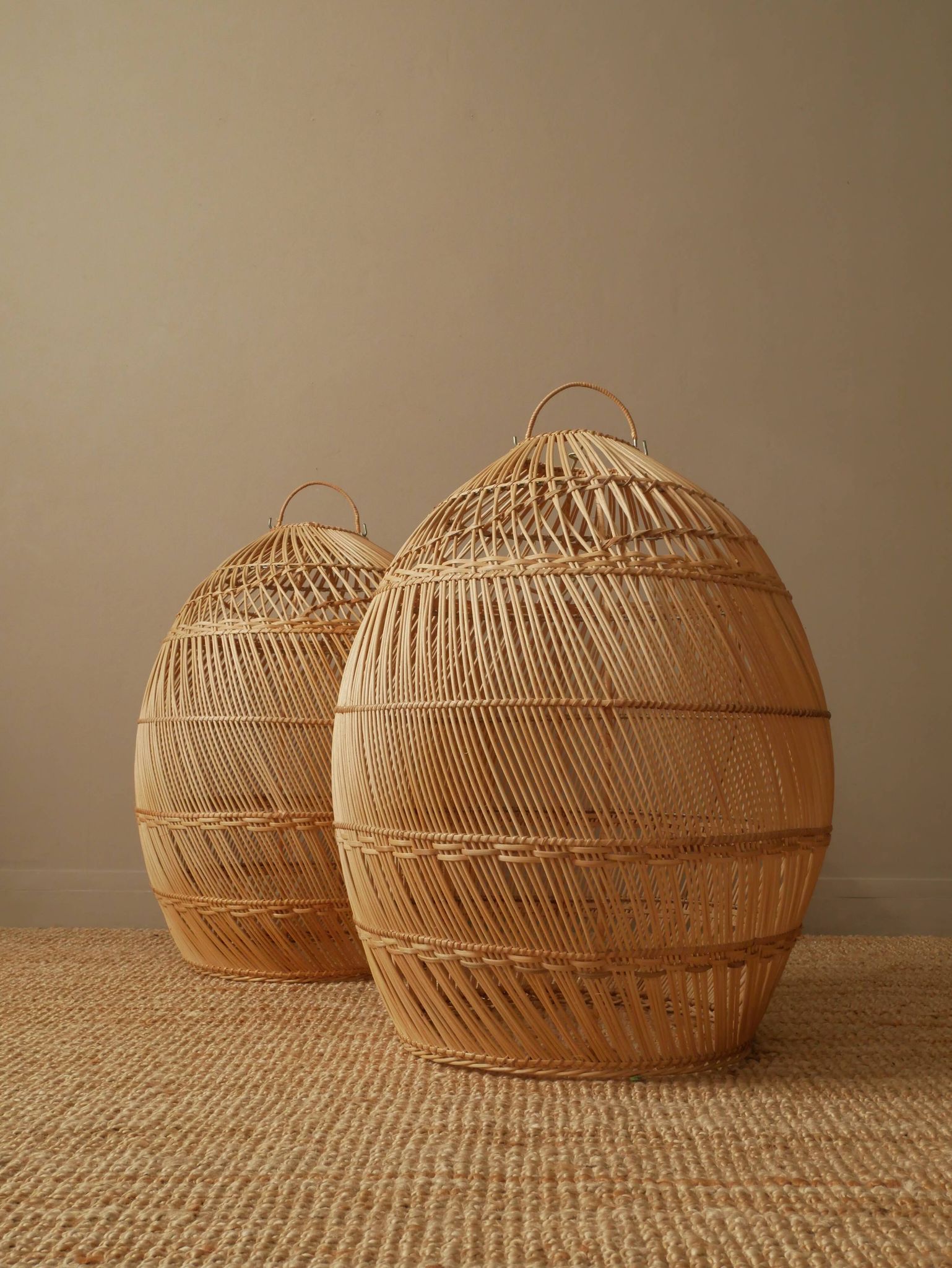 Suspension in vintage woven natural rattan wicker, handcrafted, handmade bohemian style