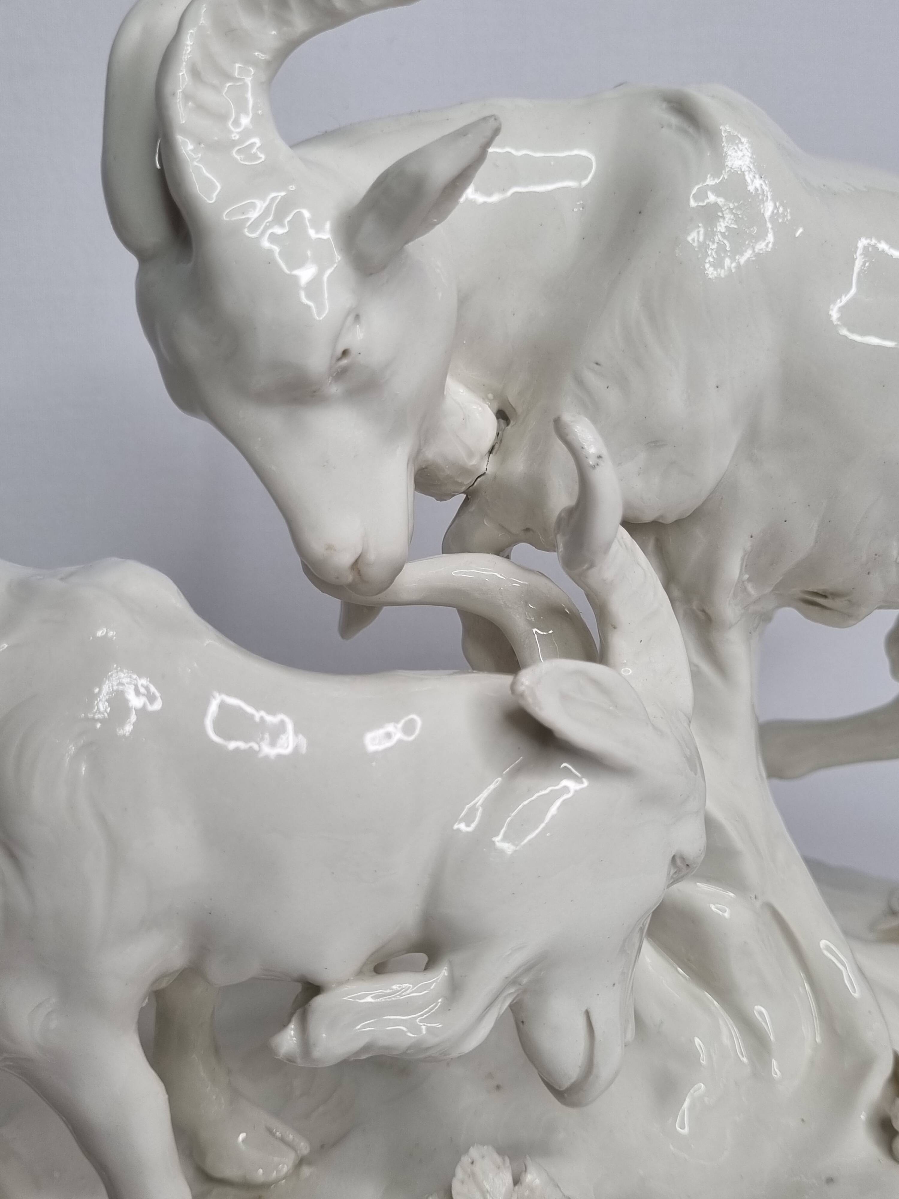 Saxon porcelain group, two fighting goats, signed Röhle, 1900