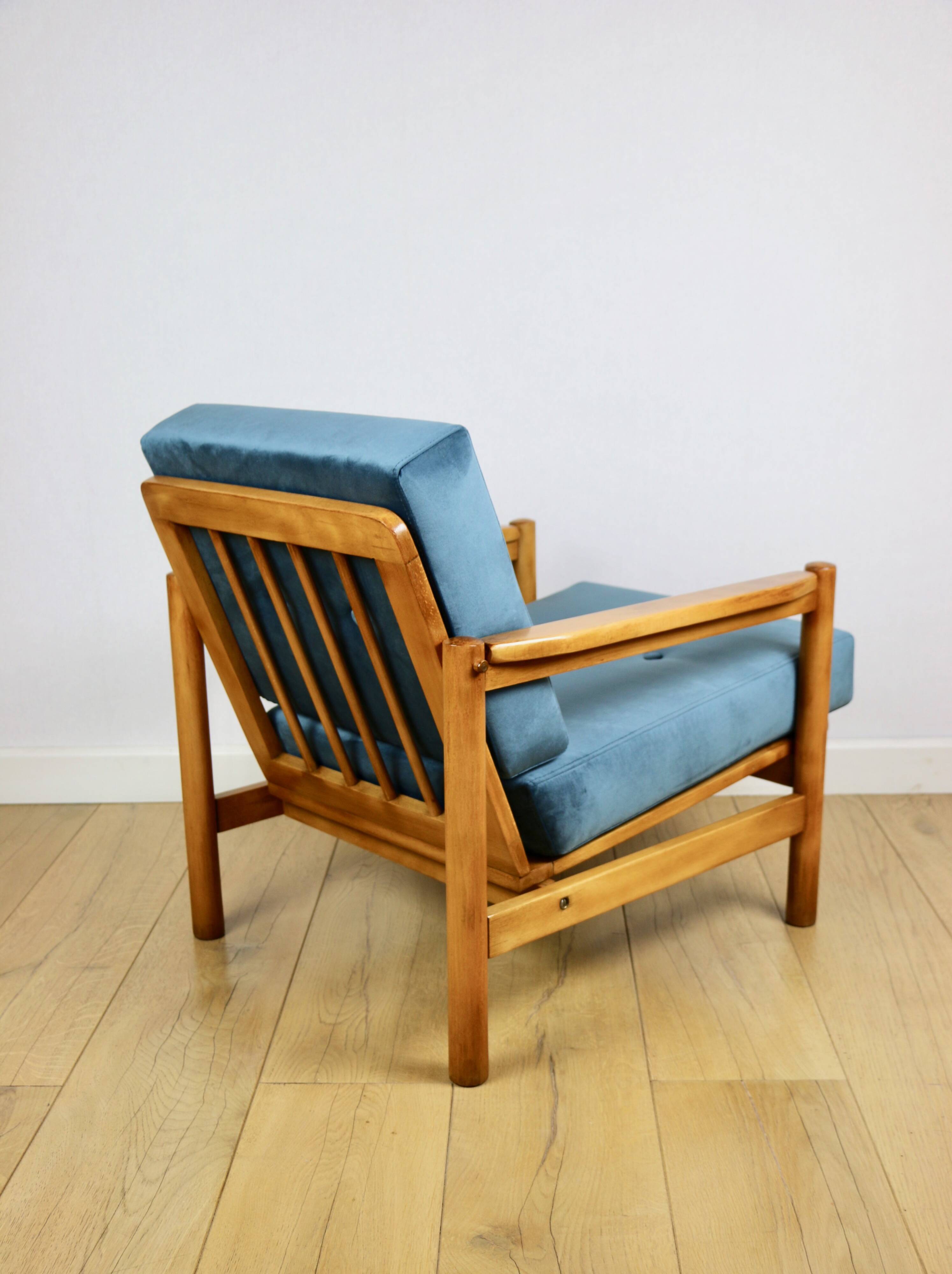 Wooden vintage armchair brown sea blue design by Z. Bączyk - light wood