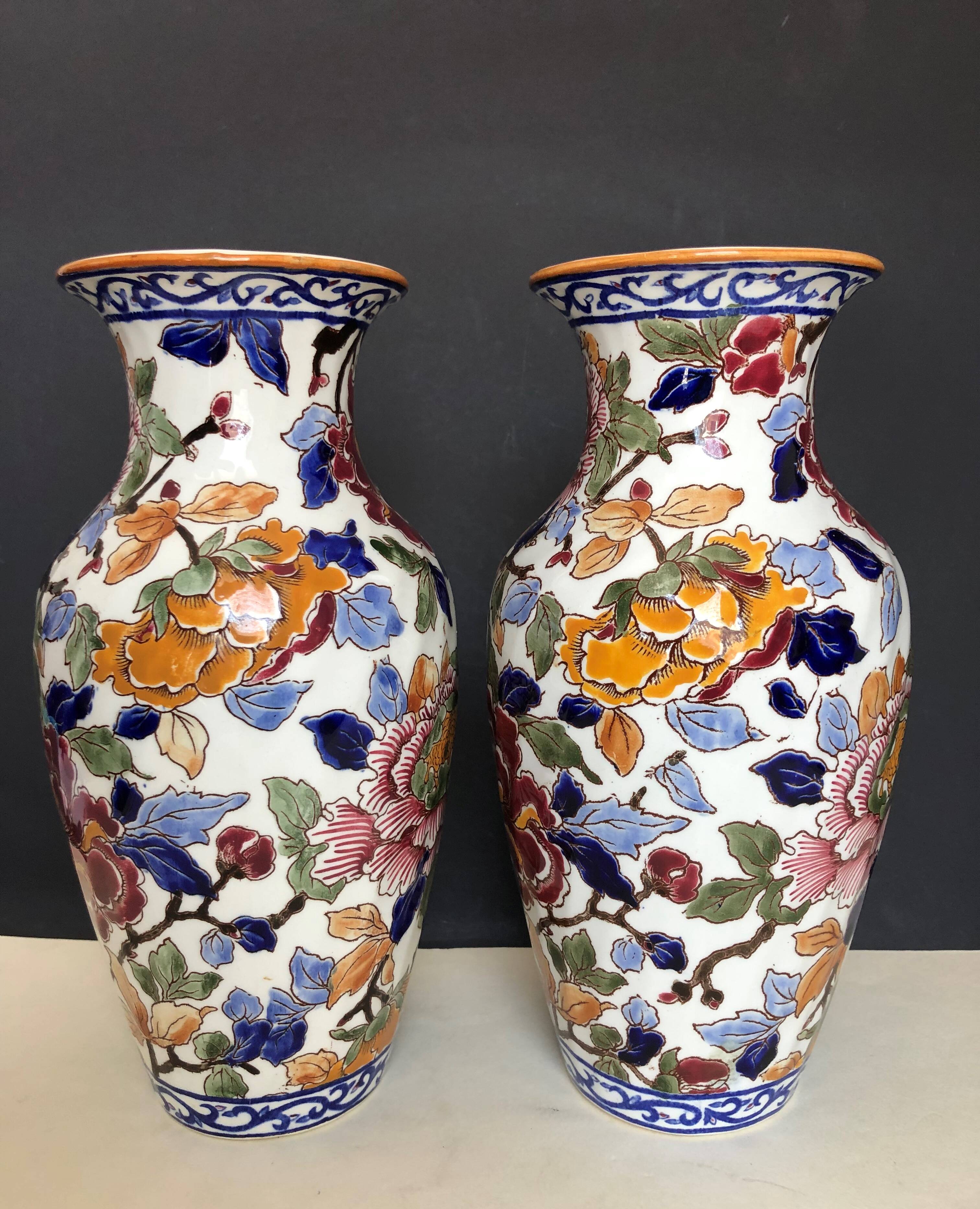 Pair of large Vase in Gien earthen earthen pattern Peonies