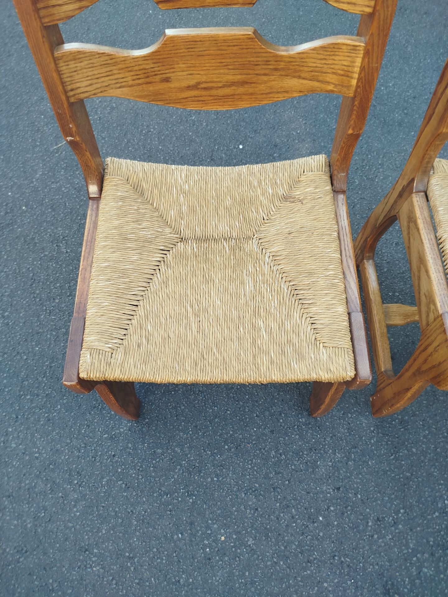 Pair of Brutalist Guillerme and Chambron Chairs in Solid Oak with Wove
