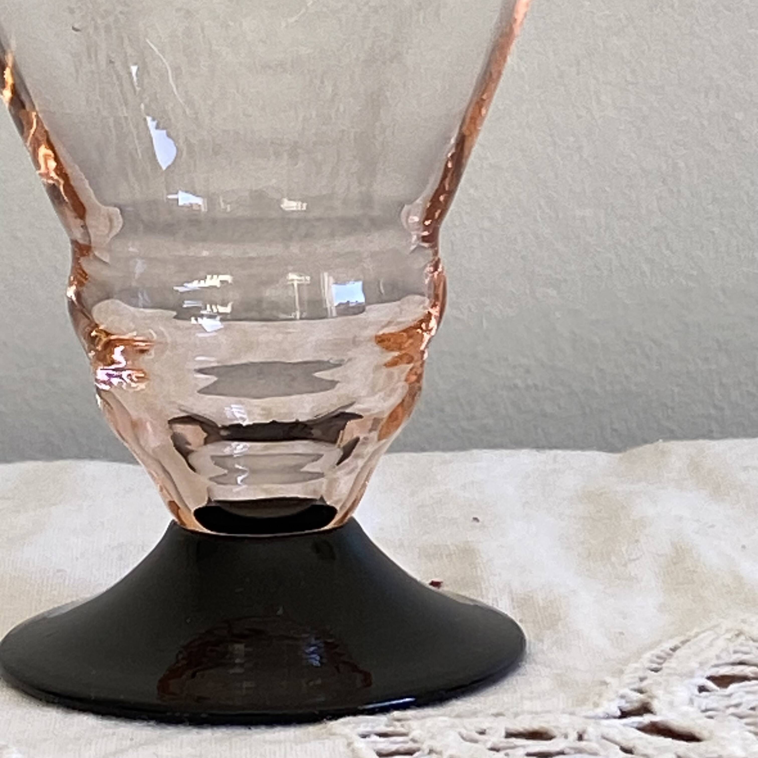 8 pink art deco wine or water glasses with black stem