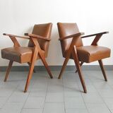 PAIR OF VINTAGE 1950 BRIDGE ARMCHAIRS WITH COMPASS LEGS IN OAK & SIMILAR LEATHER HAV