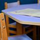Vintage 1970s octagonal children's table in beech and lilac formica, with 5 chairs.
