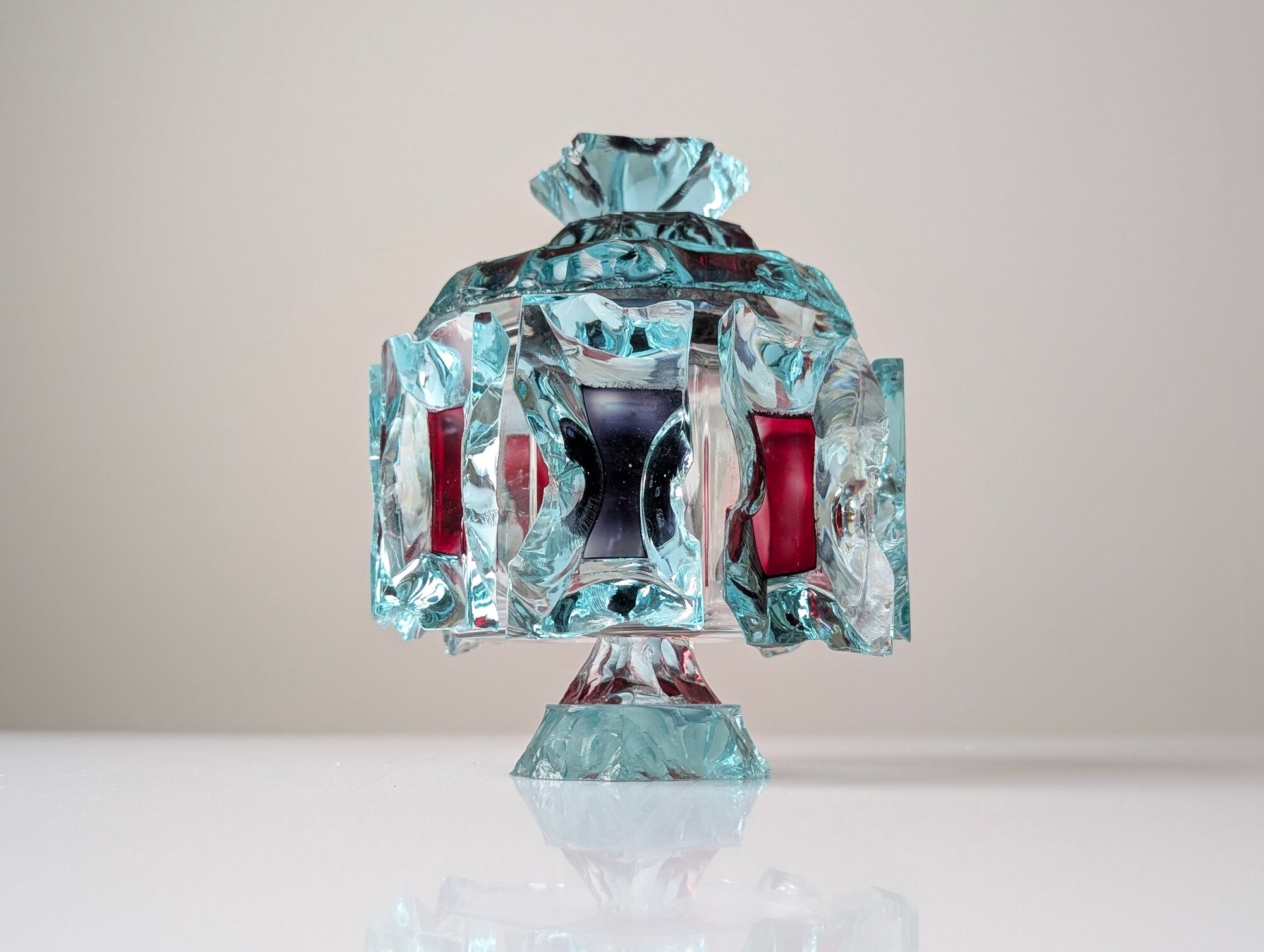 Brutalist cut glass candy box with lid and coloured inserts, 1970s