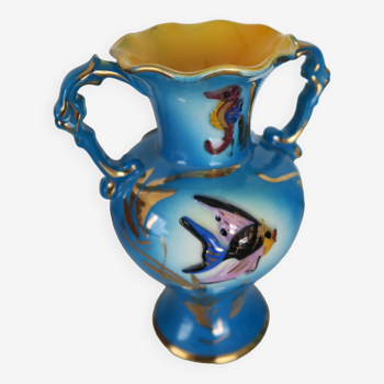 Vase ceroc monaco vintage 1960  bleu et doré  poissons hippocampe