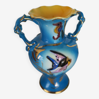 Vase ceroc monaco vintage 1960 blue and gold seahorse fish