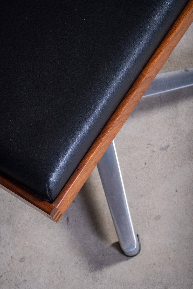 Teak Swivel Stool with Black Leather Seat, 1960s