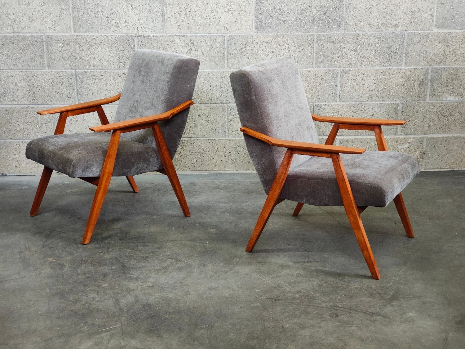 Pair of armchairs czechoslovakian midcentury renovated gray velvet