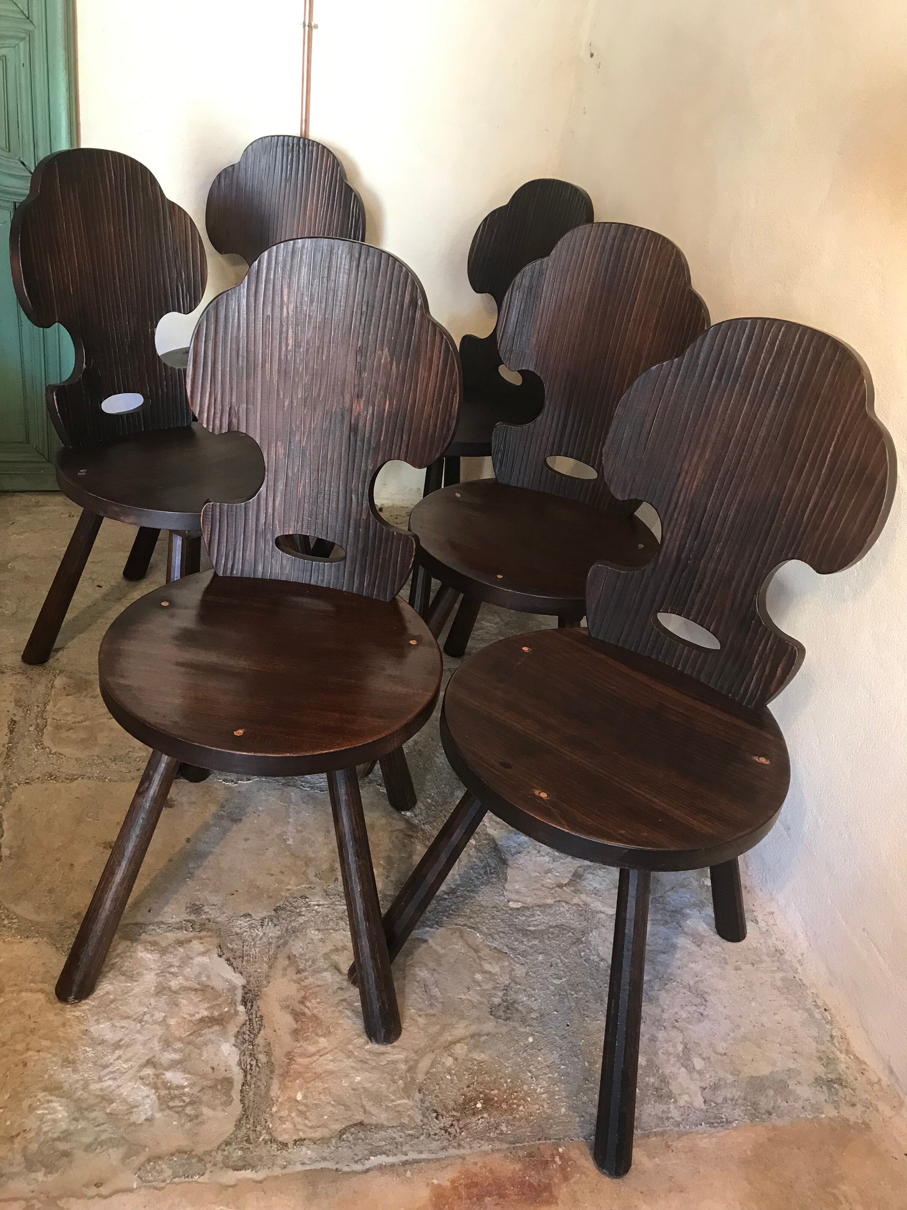 Set of 6 vintage brutalist solid wood chairs