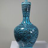Vintage painted turquoise Iznik glazed pottery covered vase or Persian jar