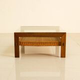 Table basse néerlandaise en wengé et osier 60's