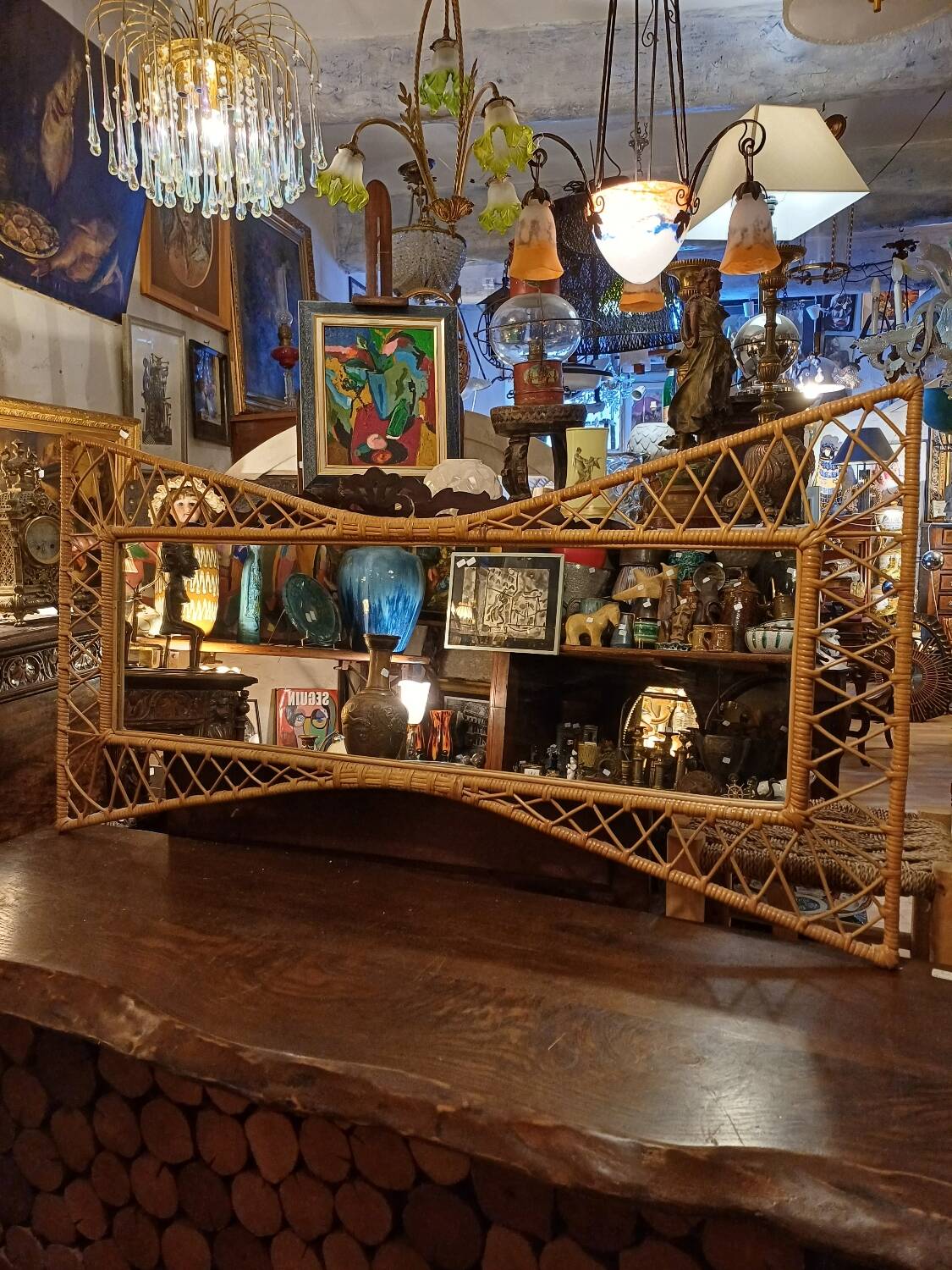 Large and unusual rattan mirror from the 1960s