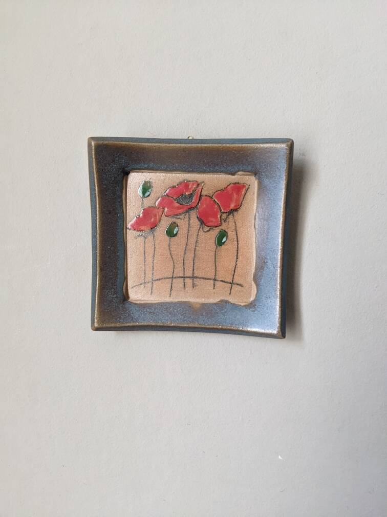 Handmade wall ceramic poppies bohemian countryside miniature