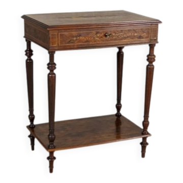 Table d'appoint en acajou et noyer marqueté français du début du 20e siècle, années 1910.