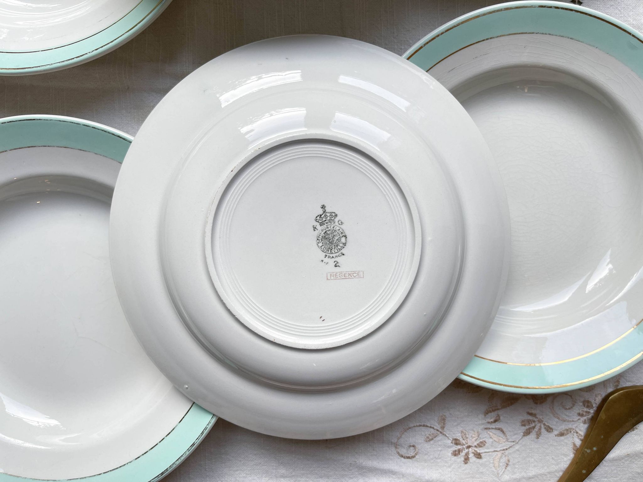 6 vintage LUNEVILLE earthenware soup plates, white, green and gold