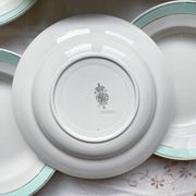 6 vintage LUNEVILLE earthenware soup plates, white, green and gold
