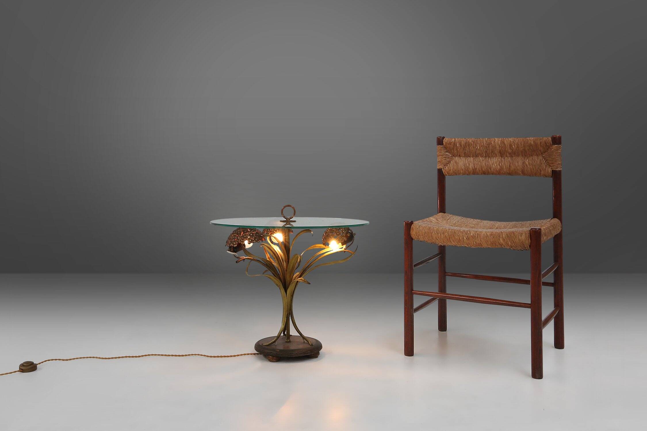 French Hollywood Regency Style Coffee Table with Lightning in Brass Flowers