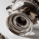 Vintage 1930s silver-plated footed bowl with lid by Warren Rogers New York, featuring a bird motif and ornate details.