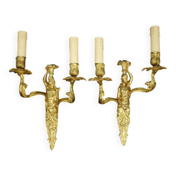 Pair of large caryatid wall sconces in Louis XV style from the 19th century - gilded bronze.