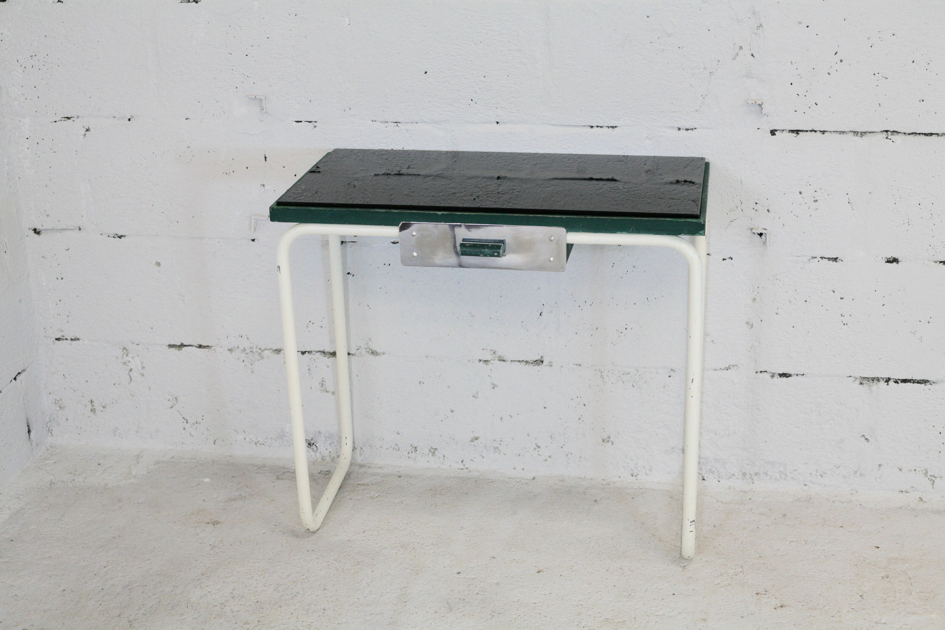 Tubular steel console, black glass tray, circa 1950