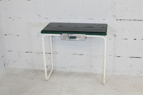 Console acier tubulaire plateau verre noir circa 1950