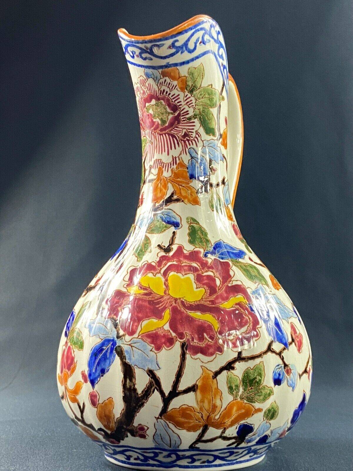 Large Gien earthenware ewer pitcher with Peonies decor