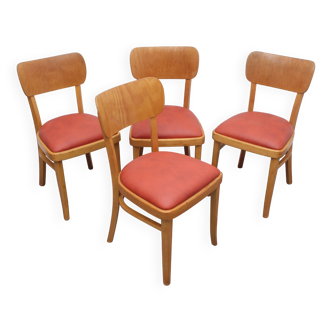 Lot de 4 chaises années 50, hêtre et simili cuir