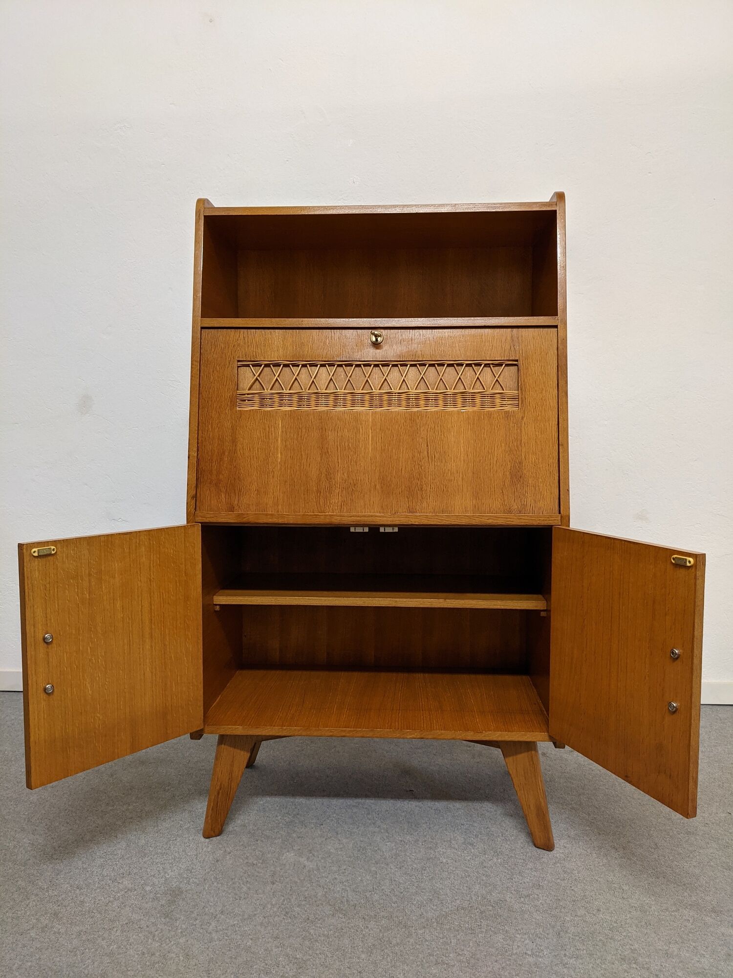 Secretary wooden and rattan office of the 50s/60s