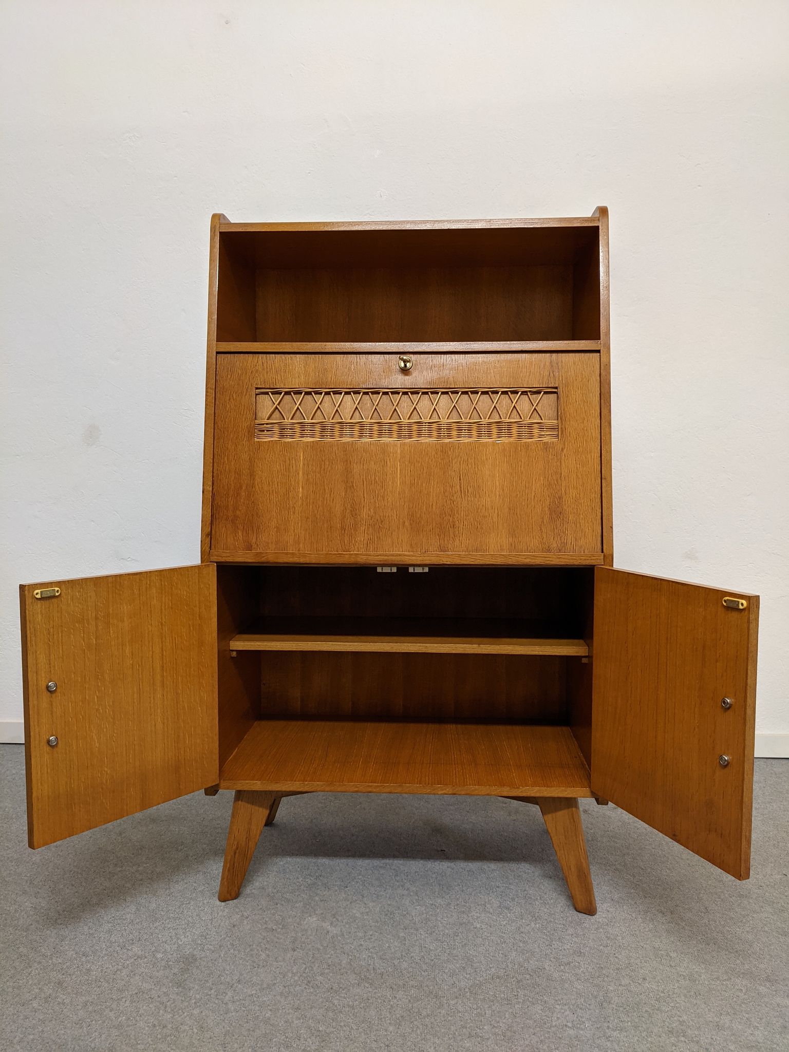 Secretary wooden and rattan office of the 50s/60s