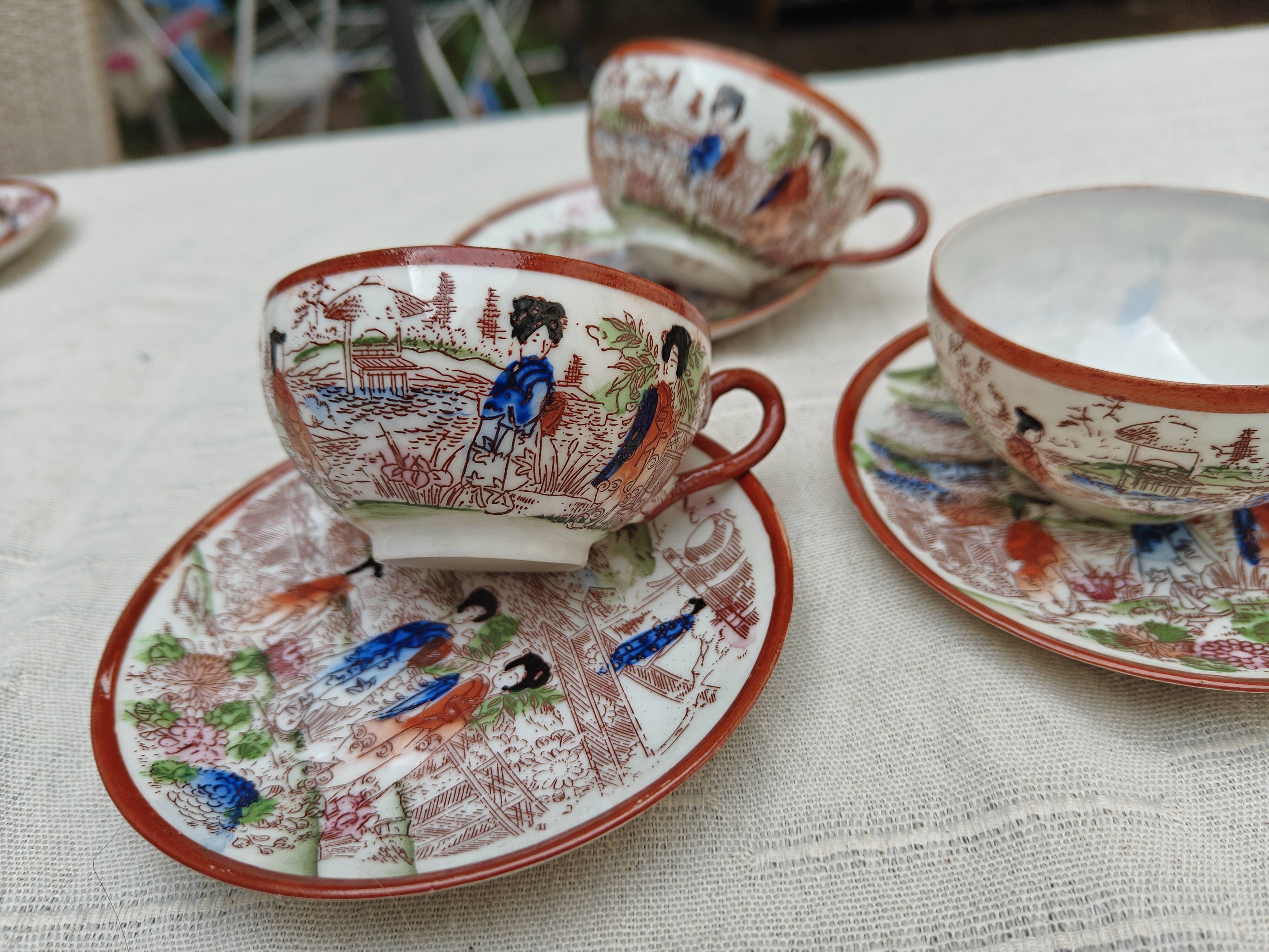 Vintage Japanese tea/coffee service, egg shell porcelain & enamels for 5 people.