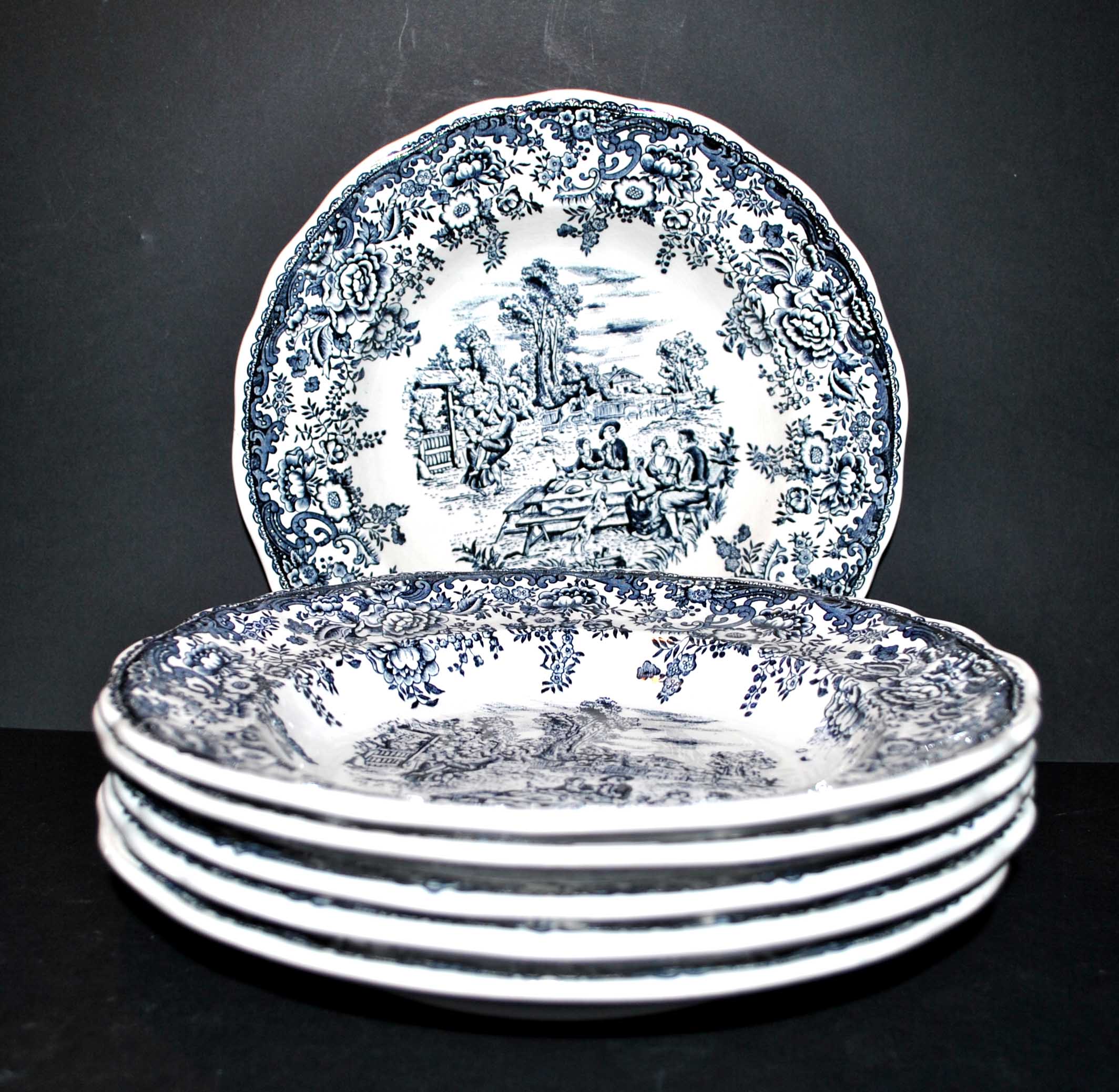 Series of 6 plates in Lunéville earthenware decoration English country - picnic in the countryside