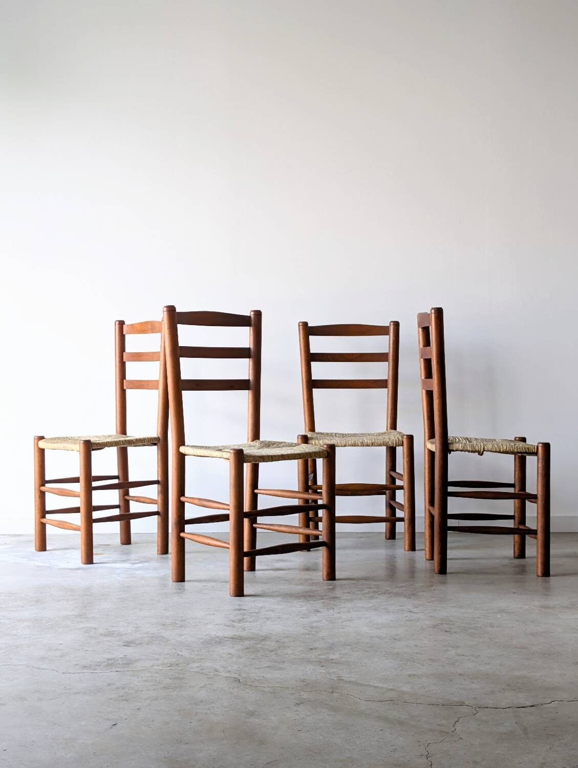 4 vintage brutalist chairs, wood & rope, Sentou / Perriand, 1960