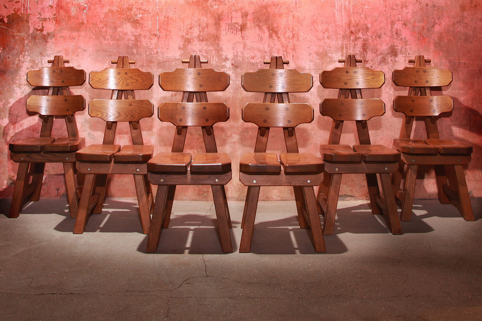 Vintage mid century brutalist solid oak dining chairs, 70