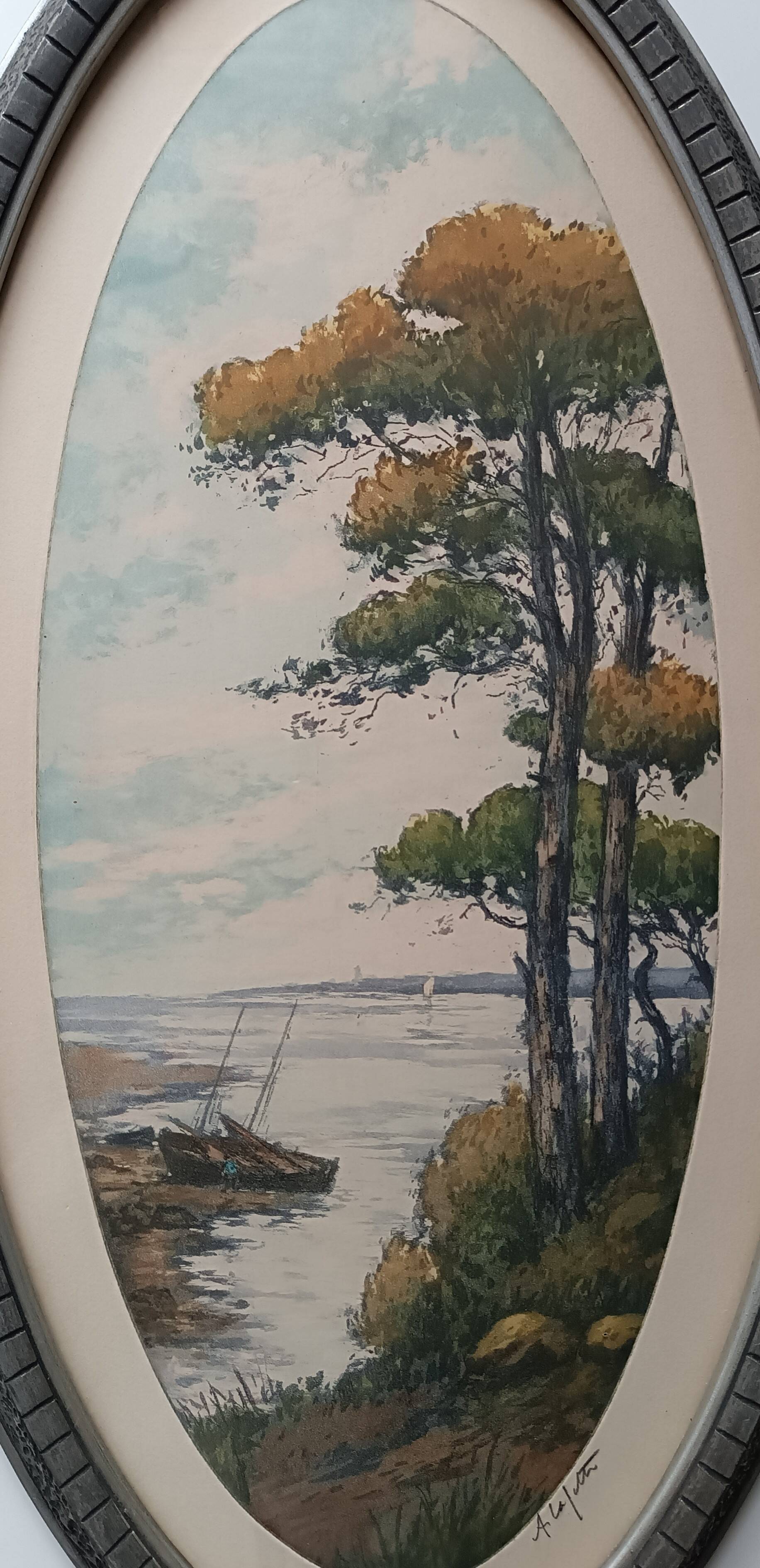 Pair of color lithographed landscape paintings